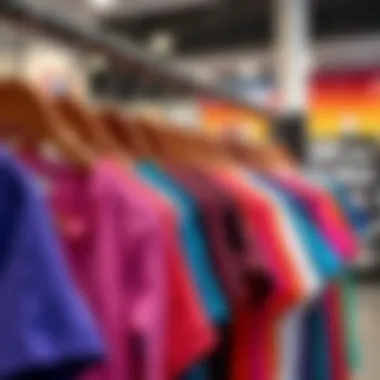 A variety of crew neck scrub tops in vibrant colors displayed on a rack