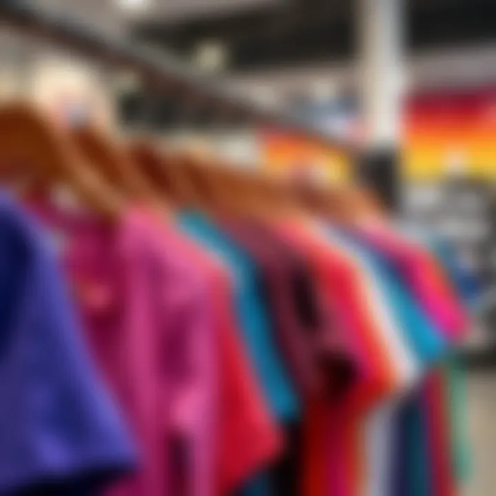 A variety of crew neck scrub tops in vibrant colors displayed on a rack