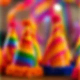 Vibrant rainbow party hats displayed at a festive celebration