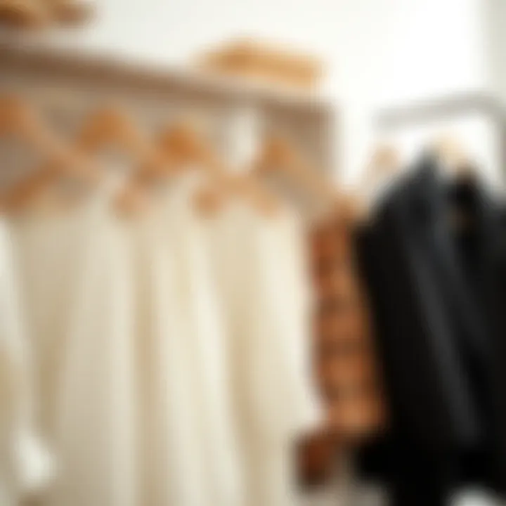 Stylish arrangement of white tops in a wardrobe setting, demonstrating versatility.