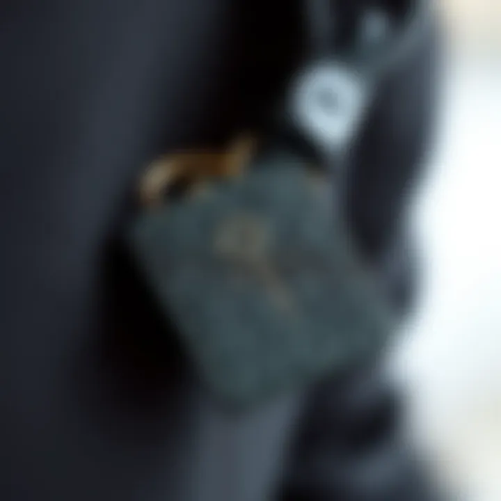 A close-up of a stylish cord tag showcasing intricate design elements and branding.