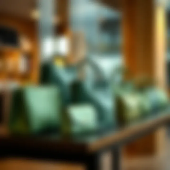 A collection of various designs of green bags on a table