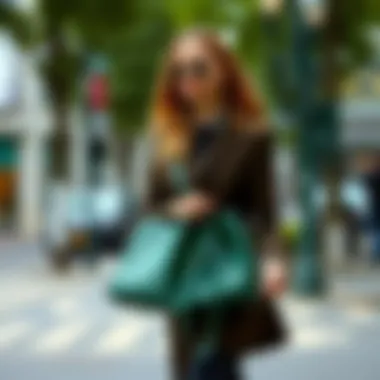 Fashionable woman carrying a trendy green bag in a city setting
