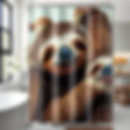 A vibrant sloth shower curtain hanging in a modern bathroom