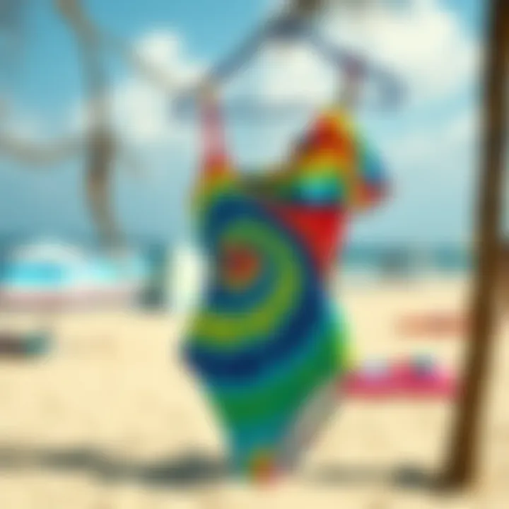 Vibrant Beach Display of Tie-Dye Swimsuit Vibrant tie-dye one-shoulder swimsuit displayed on a beach background