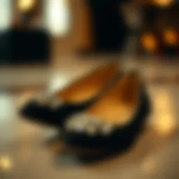 Elegant black flat shoes featuring sparkling rhinestones