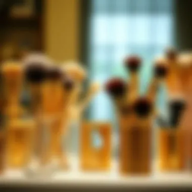 Diverse Designs of Gold Brush Holders Various designs of gold makeup brush holders on display