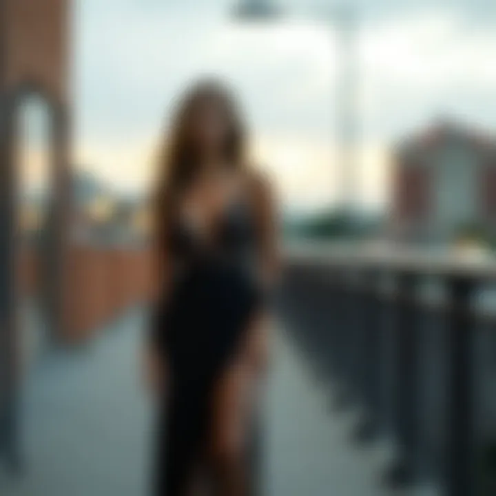 Evening wear ensemble complemented by short fishnet leggings