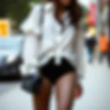 Stylish short fishnet leggings paired with a chic blouse