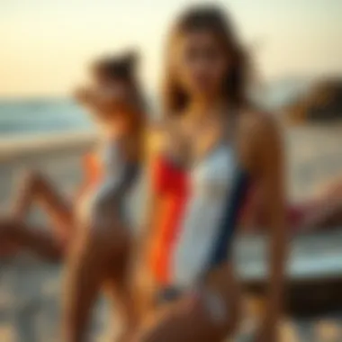 Stylish presentation of flag swimsuits on a beach setting