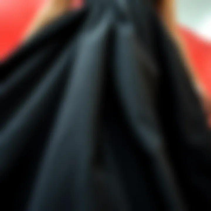 Close-up of the fabric texture of a black maxi skirt