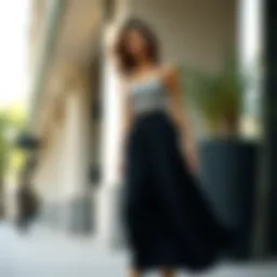 A stylish black maxi skirt paired with a chic top