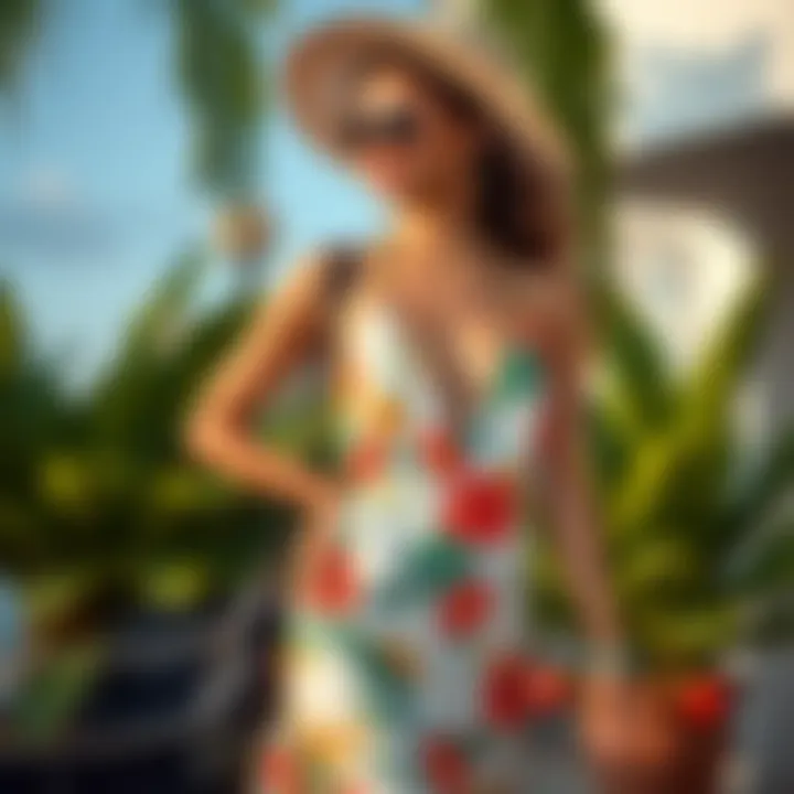 Stylish ensemble pairing tropical print swimdress with chic accessories