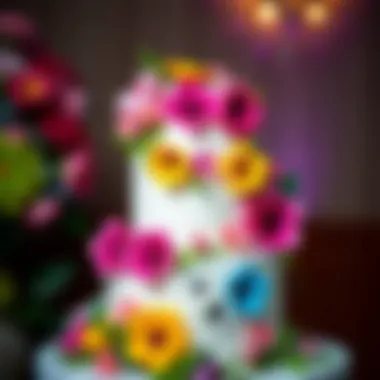 Vibrant color palette of artificial flowers enhancing a wedding cake