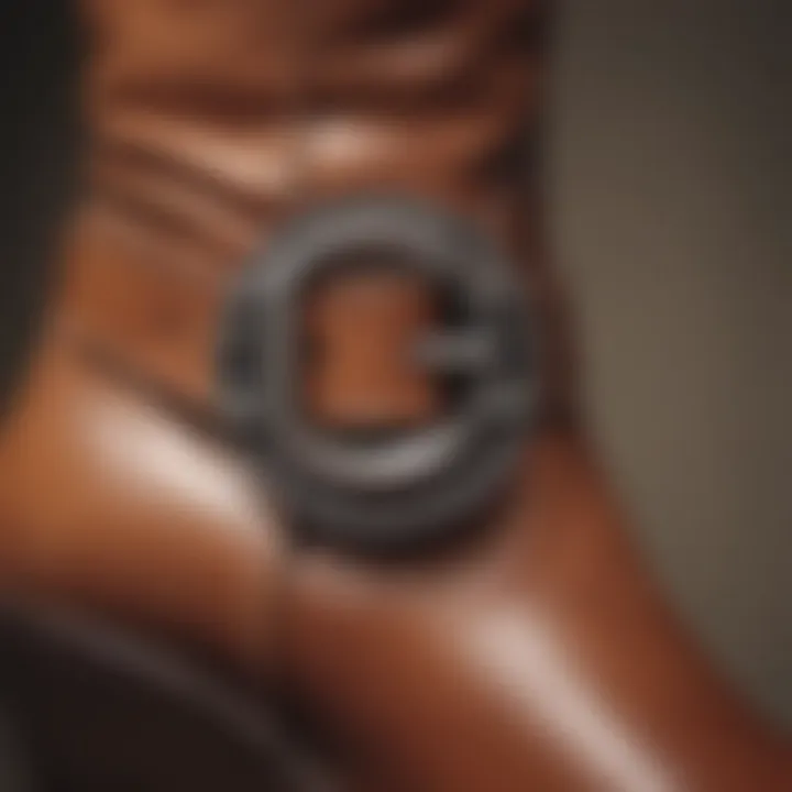 Close-up of a buckle detail on a fashionable wedge boot.