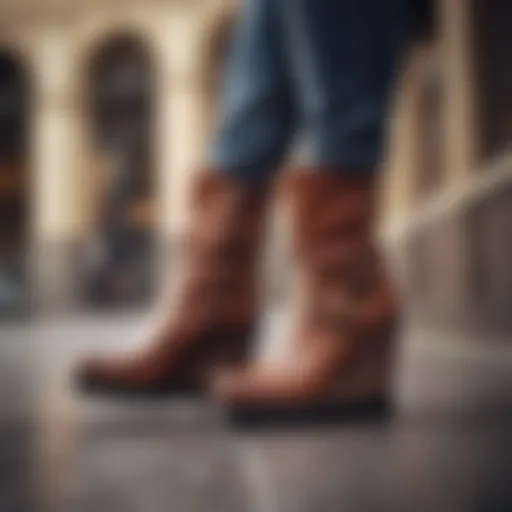 Elegant wedge boots adorned with unique buckle designs.