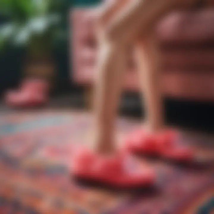 Colorful flamingo slippers on a vibrant rug