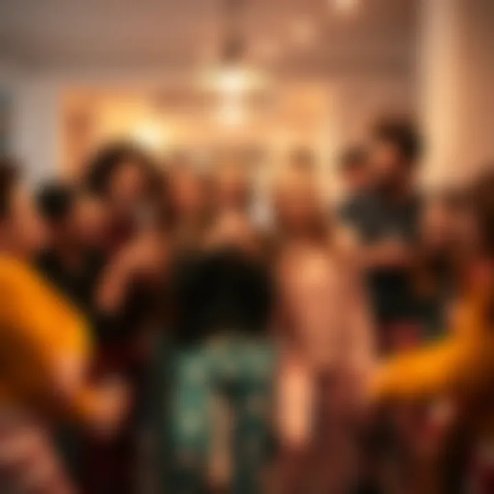 A cheerful gathering of friends wearing funny pajama pants at a casual party.