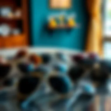 Variety of geometric aviator sunglasses displayed on a stylish table