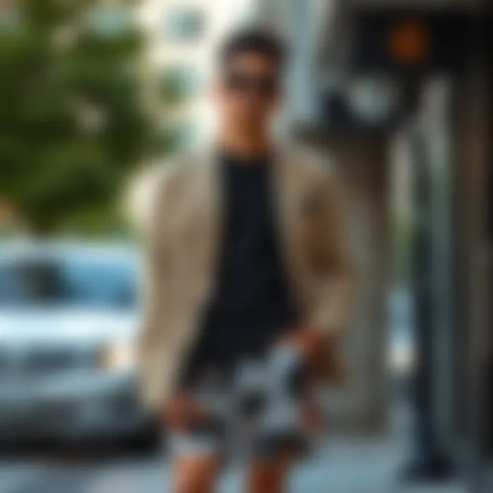 A fashionable individual pairing graphic short shorts with stylish accessories