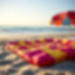 Colorful inflatable beach mat on sandy shore