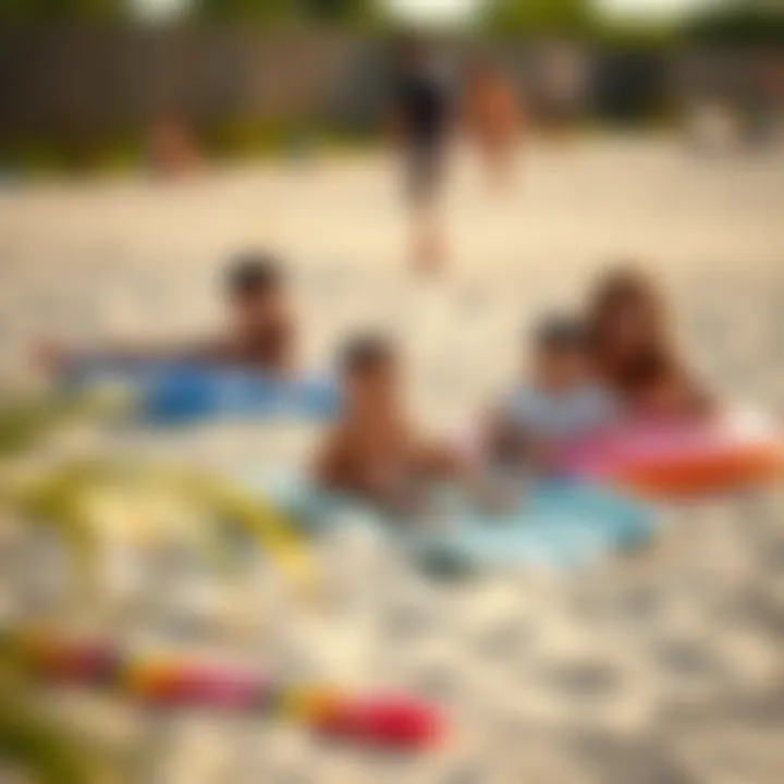 Family enjoying leisure time on inflatable beach mats