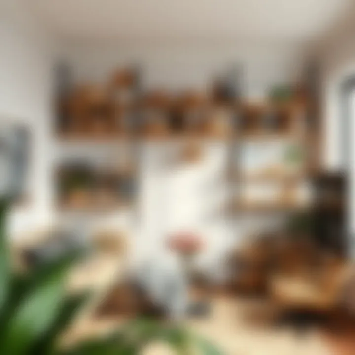 Functional living space showcasing integrated shelves and baskets