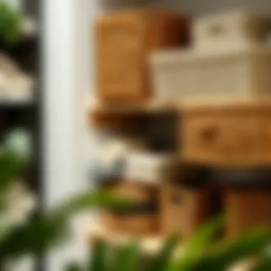 Stylishly organized baskets on hanging shelves