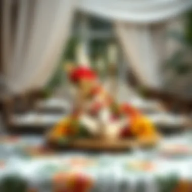 Luau table setting with decorative elements and tablecloth