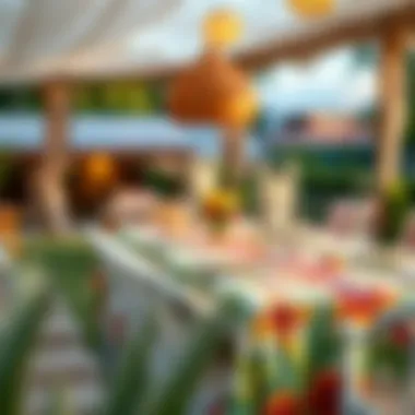 Luau-themed tablecloth enhancing an outdoor gathering