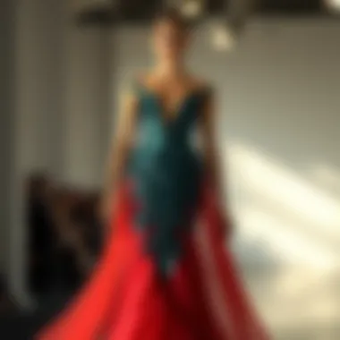 Elegant fashion design featuring mermaid tail scales integrated into a flowing gown