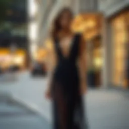 Elegant mesh overlay maxi dress displayed in a chic urban setting