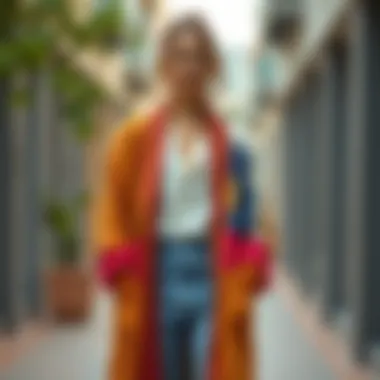 A fashionable individual showcasing various ways to style a multicolor duster cardigan