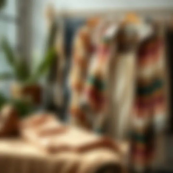 Eco-friendly materials displayed alongside a multicolor duster cardigan, emphasizing sustainable fashion