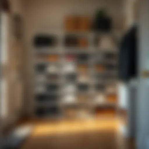 Elegant clear stackable shoe storage units arranged in a stylish entryway