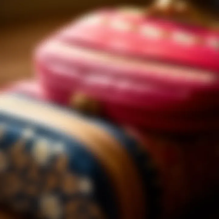 A close-up view showcasing the intricate designs on small makeup bags.