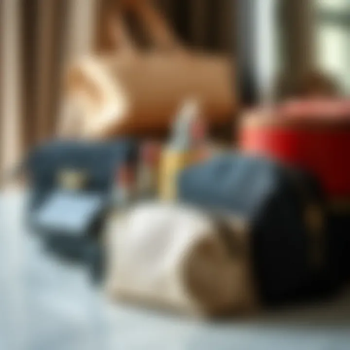 A stylish collection of small makeup bags arranged aesthetically.