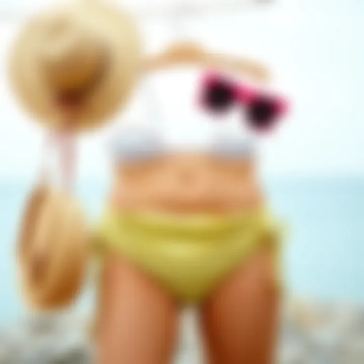 Fashionable Pairing of Retro Swim Bottoms with Accessories A fashionable display of retro swim bottoms paired with stylish accessories