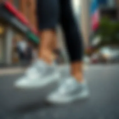 Stylish outfit paired with silver glitter sneakers on urban street