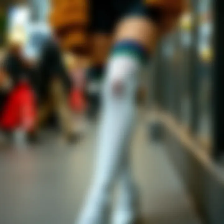 A fashion-forward individual showcasing thigh high socks in an outfit