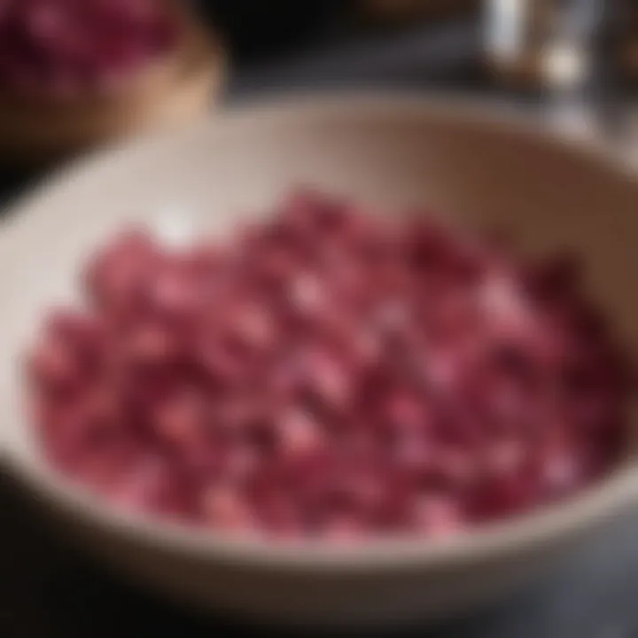 Elegant display of dry rose petals in a ceramic bowl