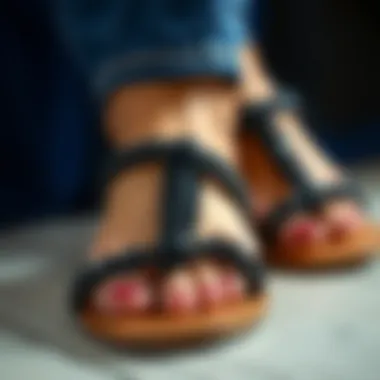 A close-up of intricate beadwork on flat sandals