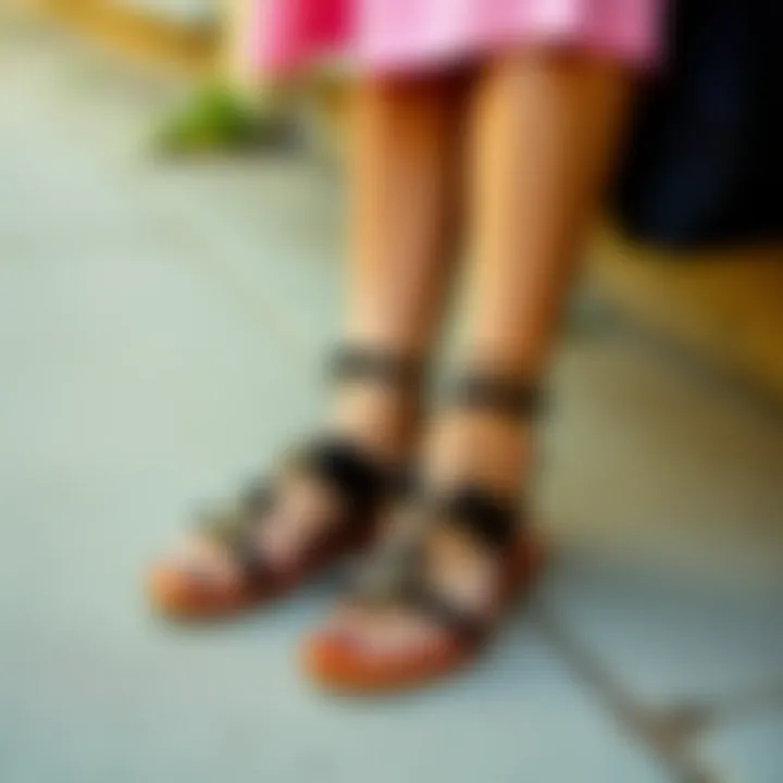 A pair of black beaded flat sandals styled with a fashionable outfit