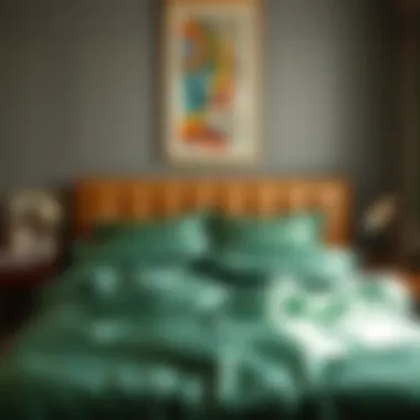 Chic Bedroom with Green Satin Duvet A beautifully styled bedroom featuring green satin duvet cover