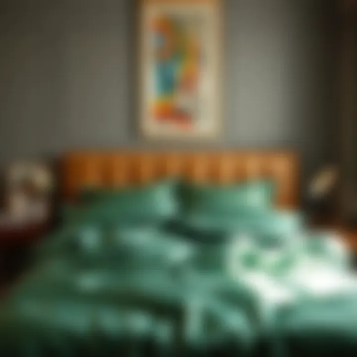 Chic Bedroom with Green Satin Duvet A beautifully styled bedroom featuring green satin duvet cover