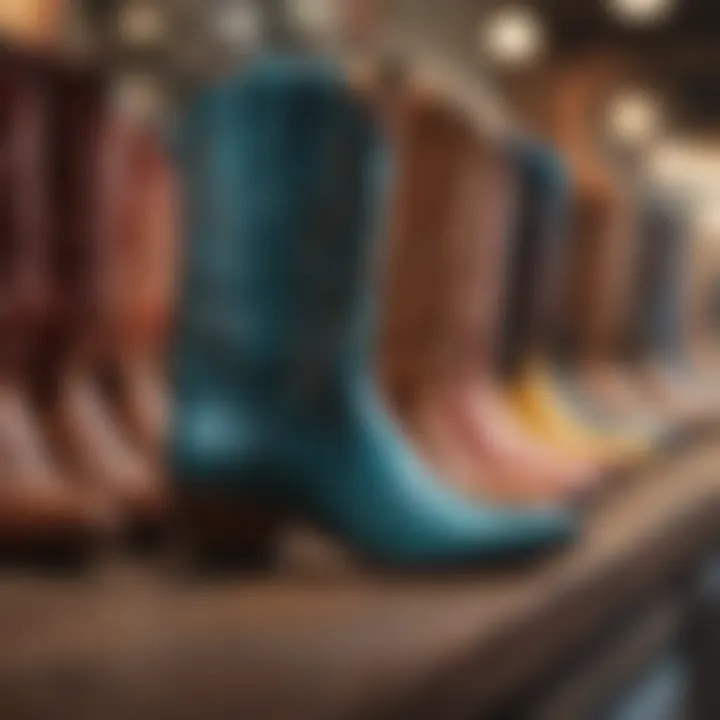 Showcasing different styles of pointed cowboy boots in a vibrant display