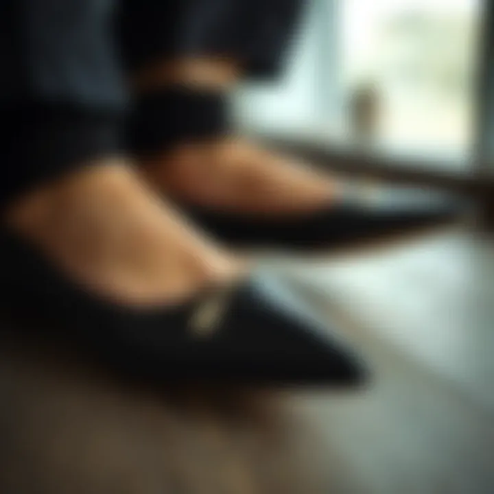 Close-up of pointed toe wide width flats showcasing craftsmanship