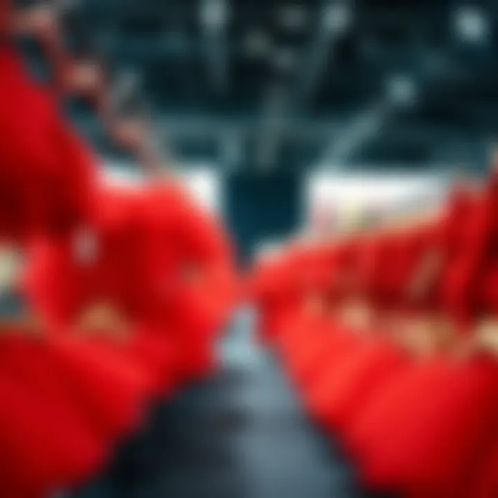 Various red tutus displayed in a vibrant fashion exhibit