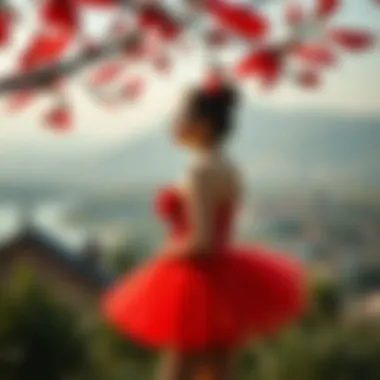 Vibrant red tutu against a picturesque backdrop