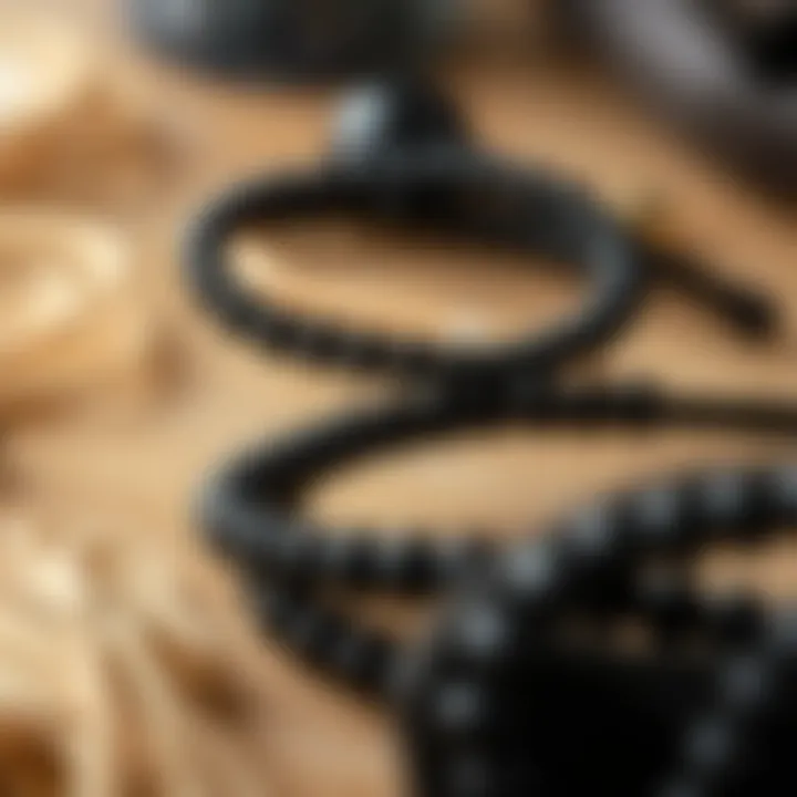 Close-up of materials used in crafting black beaded headbands